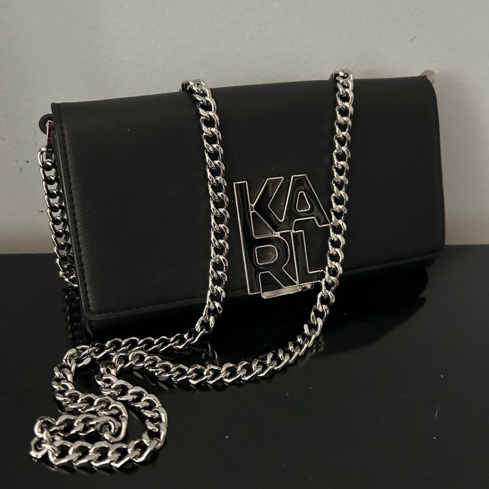 Karl Lagerfeld Black Clutch with Silver Chain